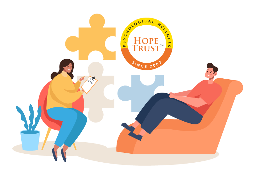 Illustration of a Hope Trust counsellor taking notes while a client talks from a sofa